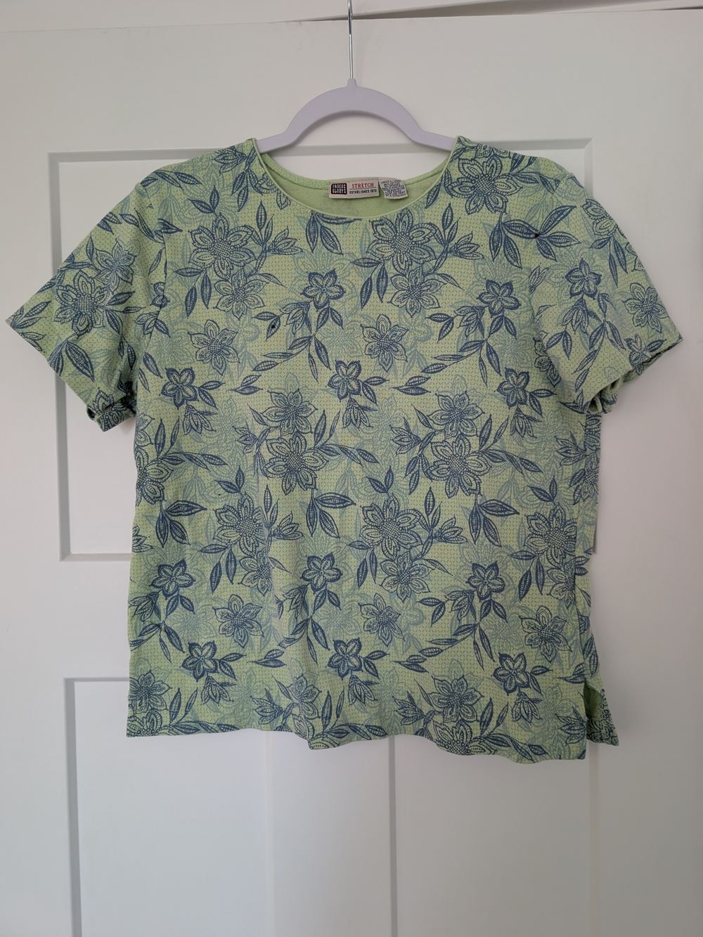 Faded Glory Blue Floral Print Sparkly Short Sleeve Top Size Large